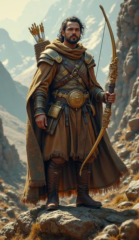 Masterpiece, very realistic, 8k Ultra HD, A fearless explorer clad king in traveling leathers, carrying a golden bow. His kingdom lies at the edge of the known world, where caravans embark on great journeys to distant lands and mystical horizons.