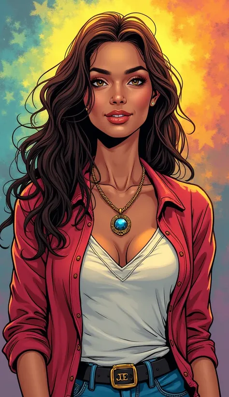 Create a discreet and casual image of an American person in comic book style,  This person has radiant energy. The clothes are casual and tasteful, with the symbol of the Cancer and Gemini signs on the clothing or on any accessory.. That person meets someo...