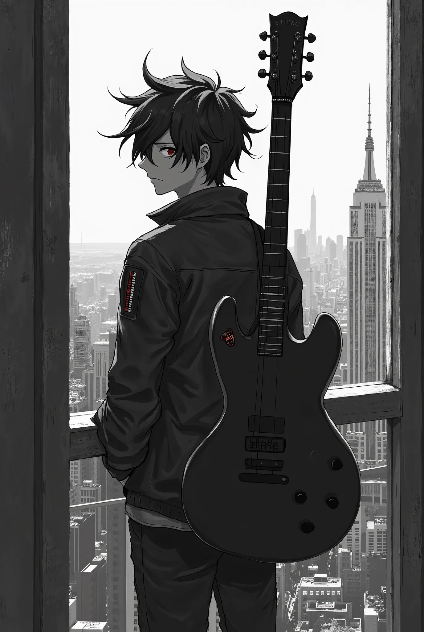 an anime guy with a guitar on his back is standing on the balcony of a high-rise building and smokes 40 degrees in black and white on his side