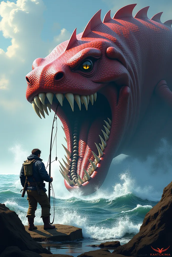 A red Leviathan being fished by a person 