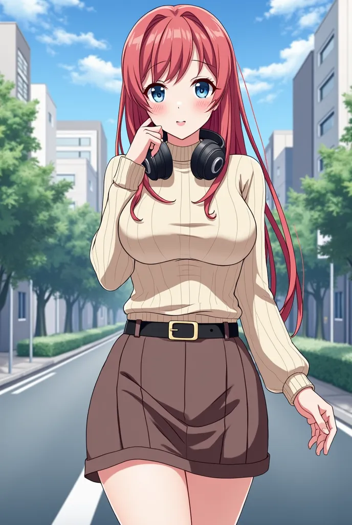 An adult woman has long reddish hair,  with large blue eyes . She wears a tight beige sweater, a brown skirt with a black belt and large headphones around her neck. her bust is big. The background shows an urban street with buildings, trees and a clear sky...