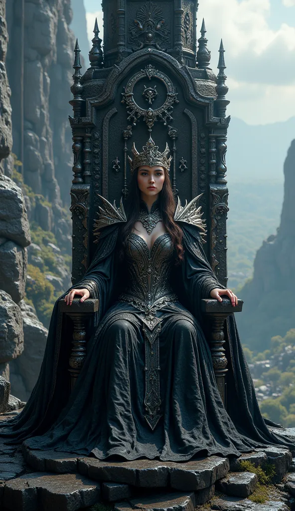 Masterpiece, very realistic, 8k Ultra HD, A disciplined queen in a black and silver mantle, her throne carved from basalt. Her fortress stands atop the highest peaks, where she commands the stonemasons and builders who shape the cities of tomorrow.