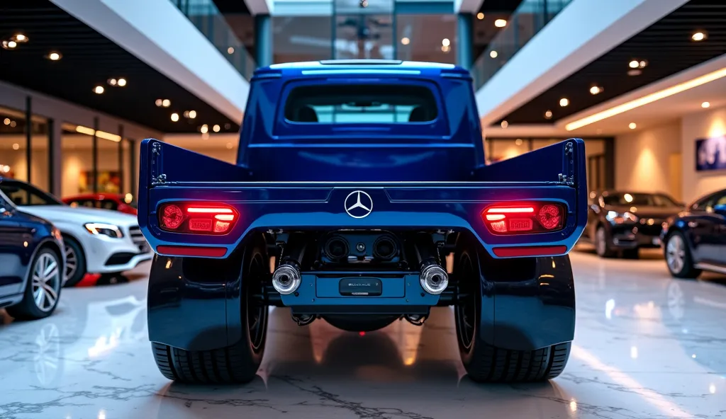 "A stunning blue Mercedes-Benz flatbed truck, highly polished with a reflective surface, viewed from the rear side inside a luxury automobile showroom. The truck's massive rear tires, sleek taillights, and sturdy flatbed frame shine under bright showroom s...