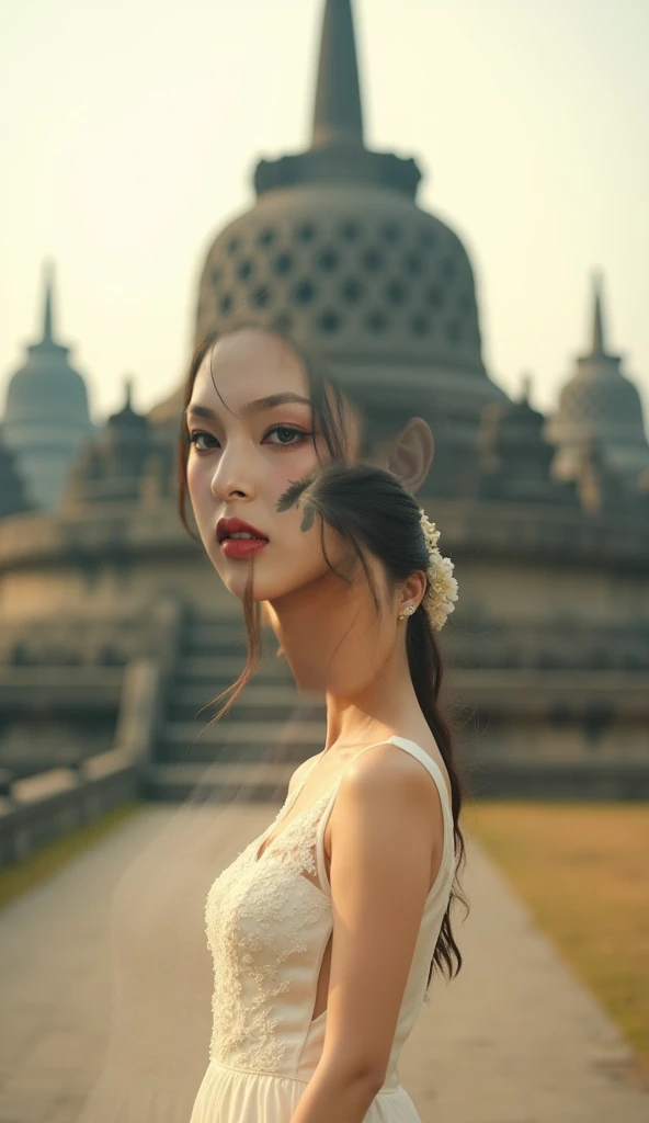 double exposure, cover photo of the film entitled "Friday Blessings". The cover shows a beautifull girl, wearing wedding clothes,standing smiling slightly facing the camera. The background is a Borobudur temple. The overall image has soft focus and warm li...