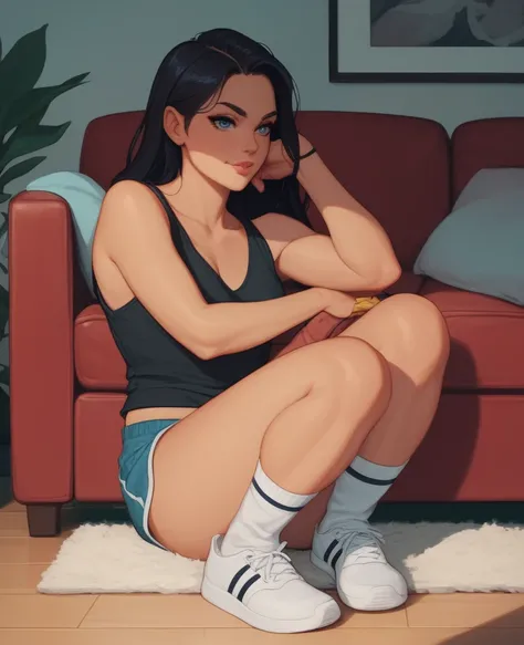 *A dominant woman with long dark hair sits on the couch, wearing a black tank top and shorts. She has a confident expression as she lifts one foot, slowly pulling off her sneaker. Her other foot is still on the floor, wearing a sock. The atmosphere is inti...