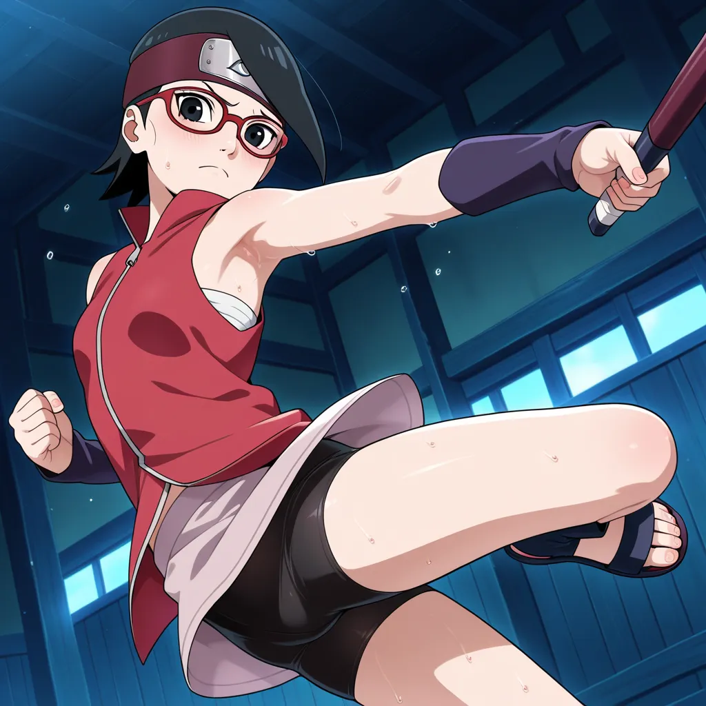 uchiha sarada,boruto,sleeveless,bike shorts,sandal,armpit,sweating,frown