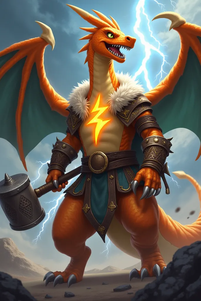 Full image: Charizard Shiny with Nordic robber and lightning in his chest holding a hammer