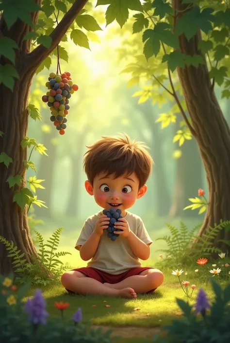 make a Down syndrome  boy eating grapes in a forest 