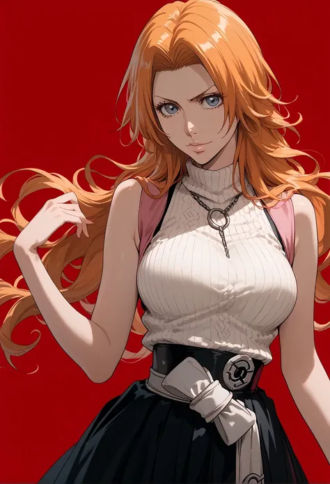  Matsumoto Rangiku,bleach, orange hair,1 girl,Alone, red background ,,Luani 0892 ,belt,black panty hoses,high waist skirt, sleeveless sweater, score_9,  score_8_up,  score_7_up,  score_6_up,  score_9,  score_8_up,  score_7_up,  score_6_up source_anime, , 1...