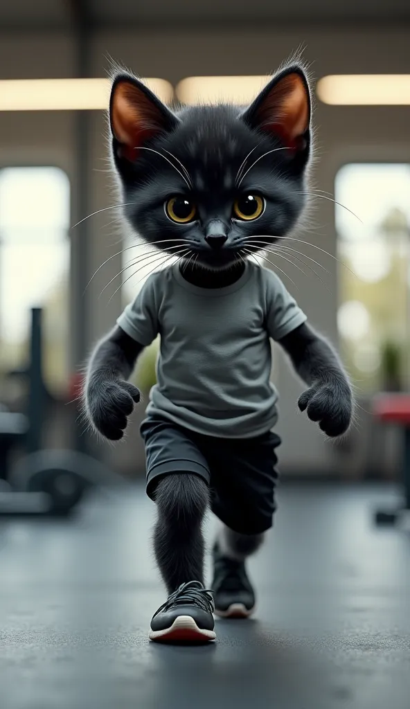 Image of a black kitten shorts and t-shirt and sneakers,  In the gym working out past to be strong