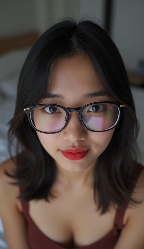 Postcard photo, indonesian female, 35  year old, expressive eyes, red lips, tank top, facing forwaed, symetrical photo, glasses. Natural skin,  shiny black hair, above angle shot, indoor, bedroom, dim, jalf medium body, above shot