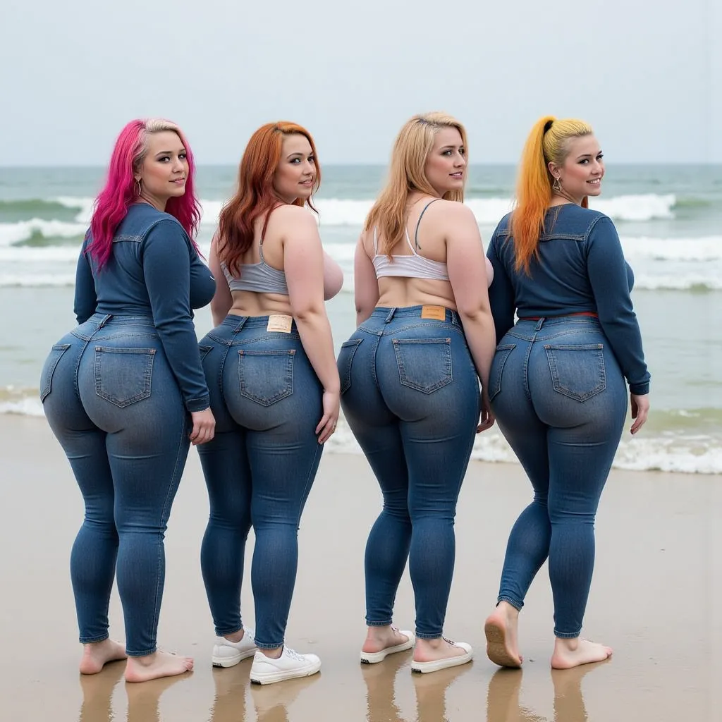 completely view of four beautiful curvy WOMEN at 30s, plus size MODELS,  blonde HAIR, GREEN EYES. VOLUPTUOUS BODIES.
they all wear dark BLUE  shiny plastic wetlook soaked  tight skinny jeans, big pant back POCKETS,  big masive hips, TIGHT ON fat butt and l...