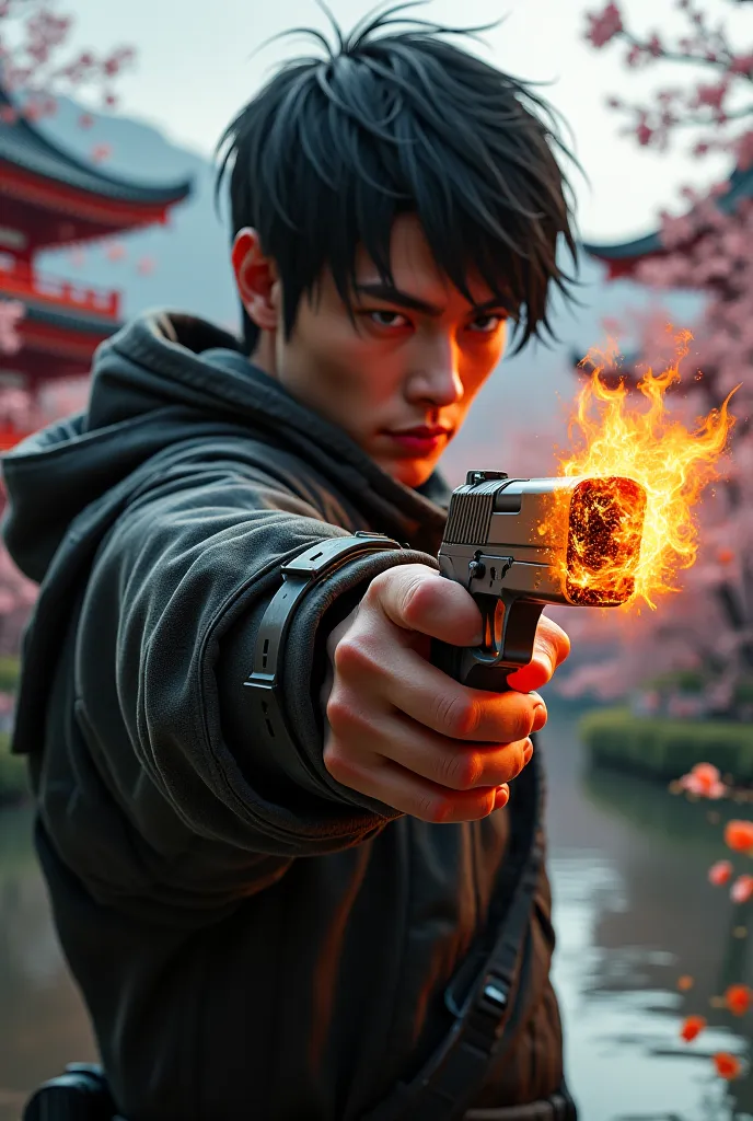 Create a photo of a first-person game in which there is the protagonist who has a firearm in one hand and a flame on the other with an image of a card inside it is set in Japan
Like Call of Duty