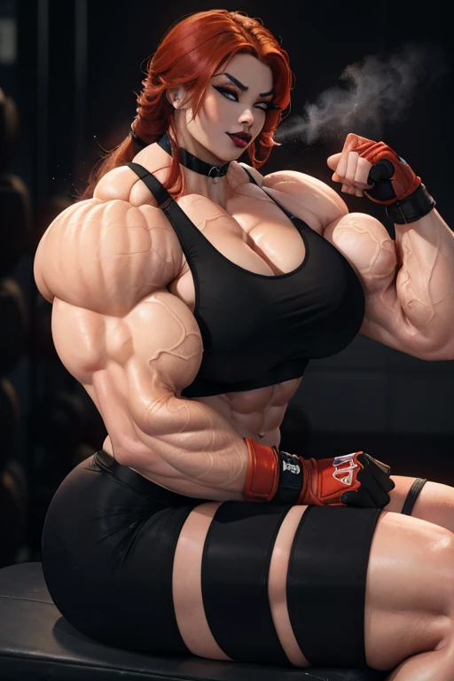 ((Close-up)), tall, (red hair) beautiful muscular asian woman, long hair, white skinned, (smirking), ((black lipstick)), (massive muscles), (hyper muscle), (((ginormous bulky muscles))), yellow eyes, (((sports bra))), (((short gym shorts))), choker, sneake...