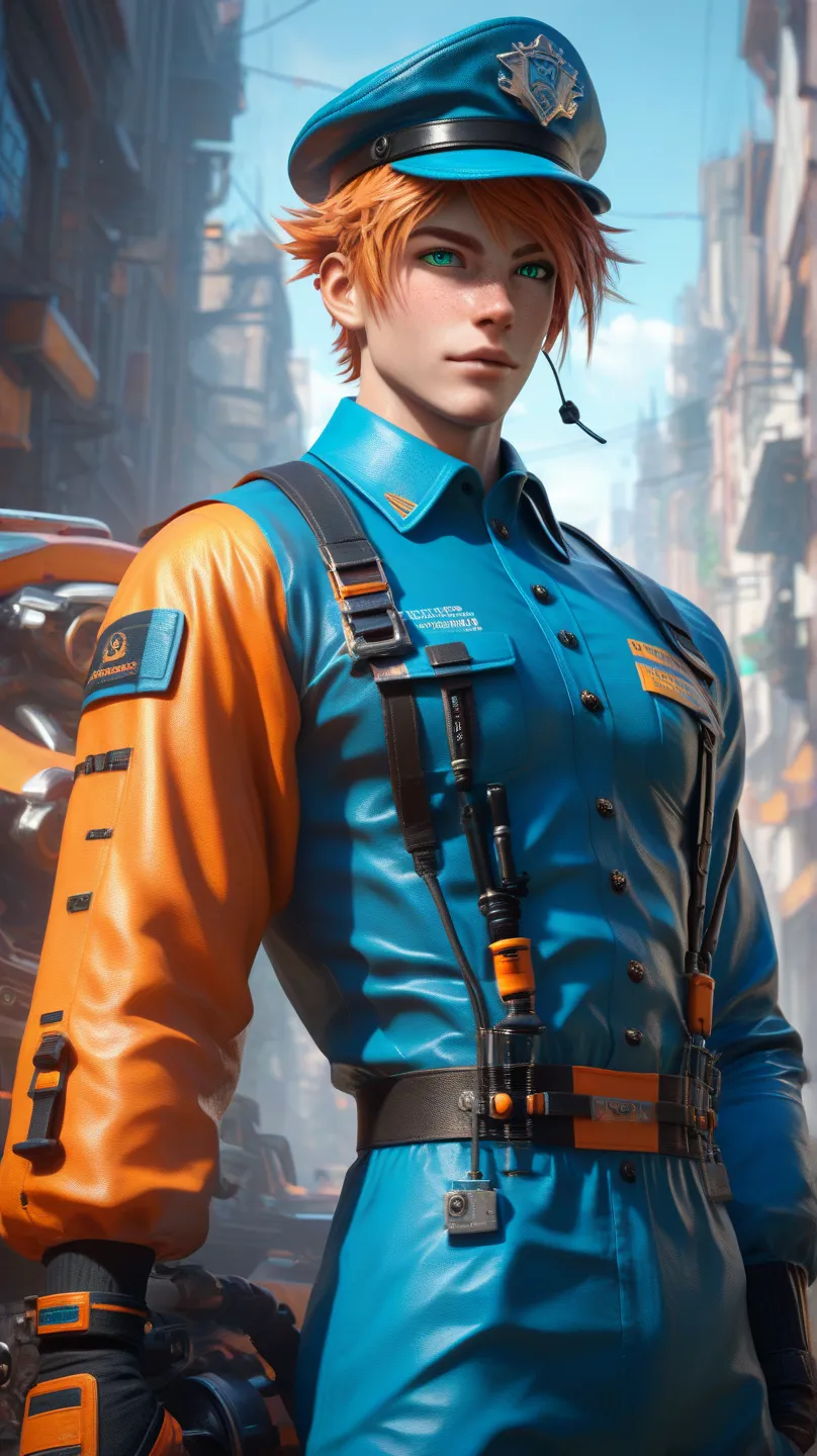 man, male, adult, muscular, orange hair, short hair, turquoise eyes, freckles, mysterious, dangerous, electrician uniform, sleeves up, electrician hat, standing, machinery background, (portrait, urban fantasy, 3d rpg style)