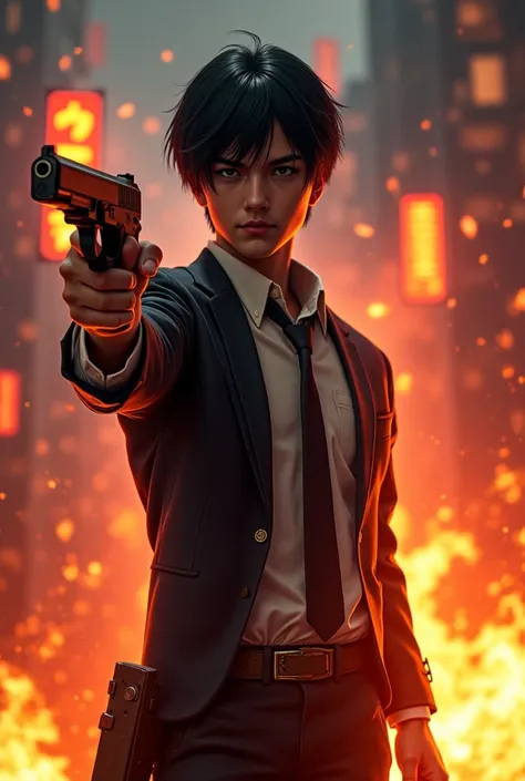 Create a photo of a first-person game in which there is the protagonist who has a firearm in one hand and a flame on the other with an image of a card inside it is set in Japan
You have to see through the eyes of the protagonist 