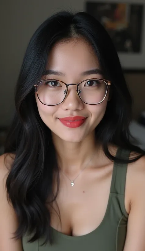 Postcard photo, i am taking photo a indonesian female, 35  year old, expressive eyes, red lips, tank top, facing forwaed, symetrical photo, glasses. Natural skin,  shiny black hair, below angle shot, indoor, bedroom, dim, jalf medium body, below shot