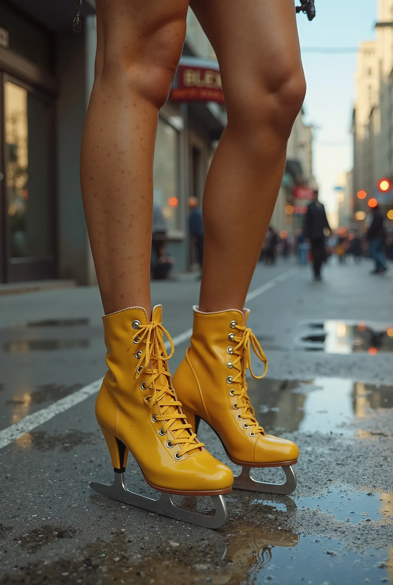 photo-realistic, ultra-realistic, dramatic scene, masterpiece,close up of woman’s feet wearing yellow high heel sandal ice skates. Suntan pantyhose, happy alone in Downtown San Diego, 3/4 view 