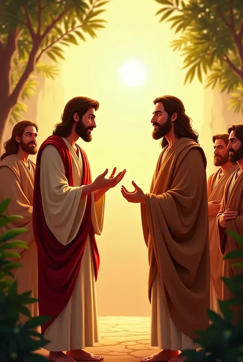 The important question—The rich young man,  gesturing excitedly , asks Jesus what he must do to inherit eternal life. Jesus patiently listens to, while the disciples watch the conversation.  The sun illuminates the scene , creating a warm and welcoming env...