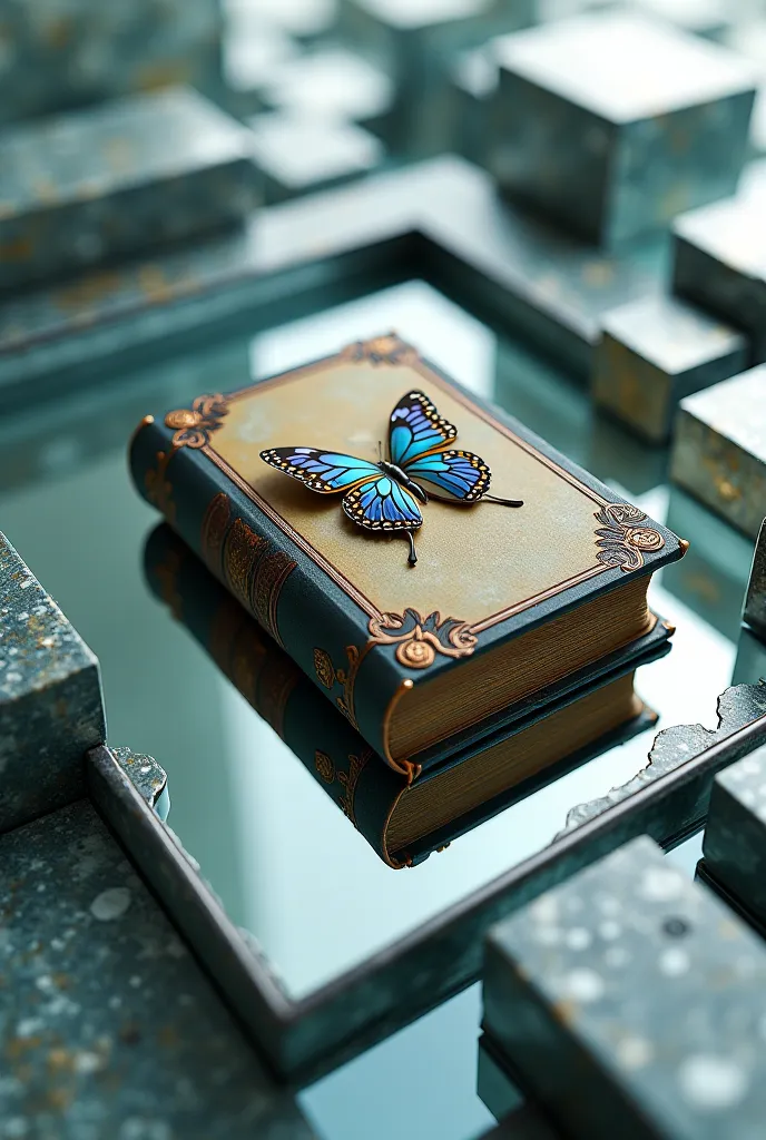 Old book with butterfly cover stuck in a 3d mirror