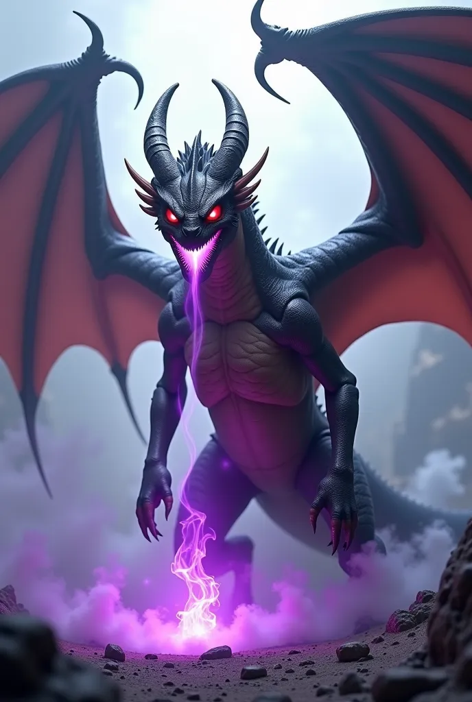 Red-eyed black-eyed Cyclops dragon with 4 wings with purple fire