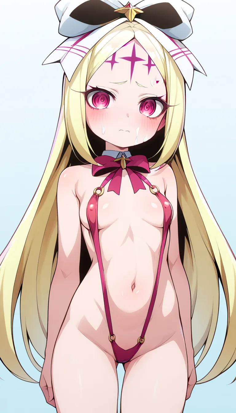 nero alice, long hair, blonde hair, red eyes, bow, hair bow, pink eyes, facial mark, forehead mark, small breasts, loli appearance, no curves, undeveloped body, posing embarrassed, red face, slingshot swimsuit, o-ring,