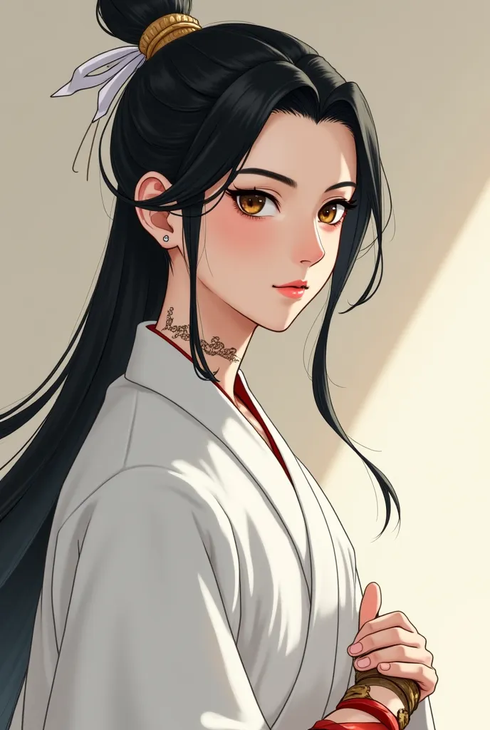 Fair Pale, flawless skin.
Long, flowing black hair That stops above his lower waist , often tied in a loose ponytail or bun, sometimes adorned with a simple white ribbon or tied up in a topknot or loosely falling around his shoulders.
Delicate and refined ...