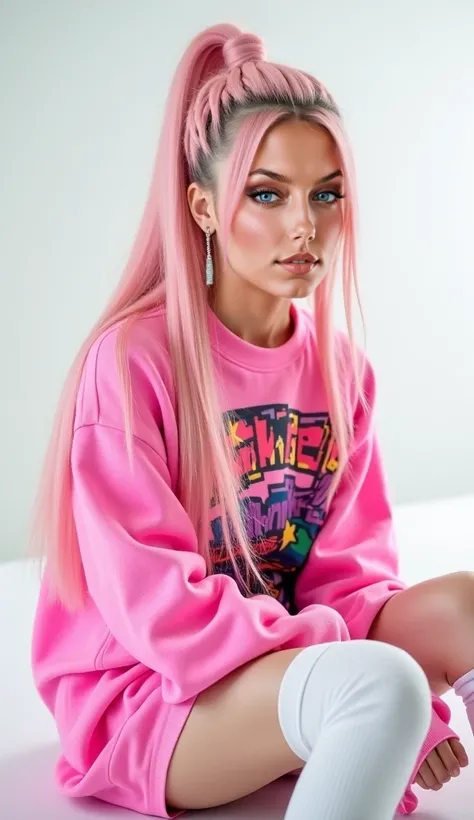 A stylish young woman with long, pink hair styled into a high ponytail with braided details, bright green eyes. She wears a cozy oversized hot pink sweater with a cute graphic design, paired with thigh-high white socks. Her makeup is bold, featuring sharp ...