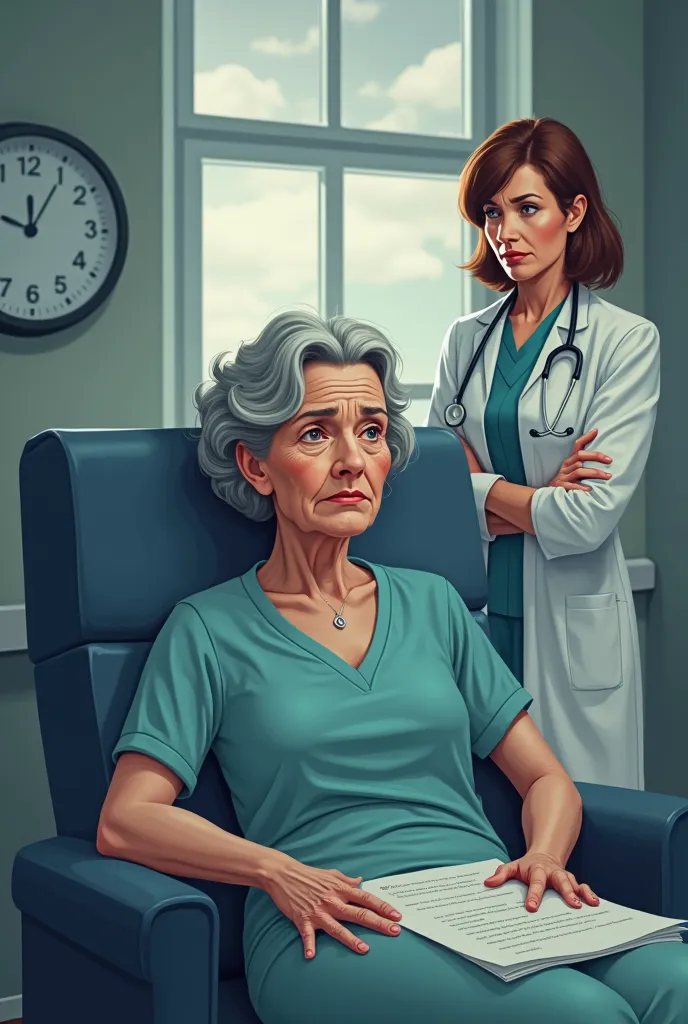  a middle-aged woman,  with a serious and decisive expression ,  sitting in a hospital chair . His face reflects a mixture of peace and suffering,  with the eyes looking forward , without fear but with a slight sadness. Around you, there are various symbol...