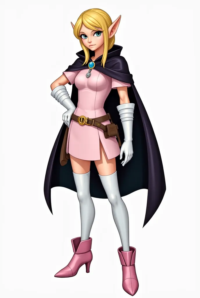 Elf Boy, with blond hair, left eye blue, Right green, in a light pink short dress, long white stockings above the knee, elbow-length white gloves, covering the palm, pink closed high-heeled shoes with buckle, a sheath on a belt, in a dark cloak