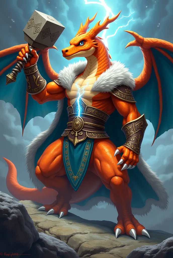  Black 2D Charizard with Nordic clothing and lightning in his chest holding a hammer