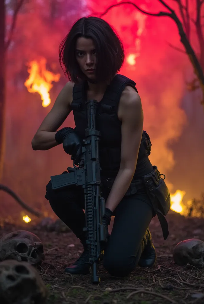 Anya (short black messy wavy bobbed  hair) wesring black lycra bodysuit. Black tactical vest. Kneeling holding an assault rifle. extremely misty, smoky spooky forest. Ground covered in skeletons, tree rools and black tentacles. Red sky, yellow and purple s...