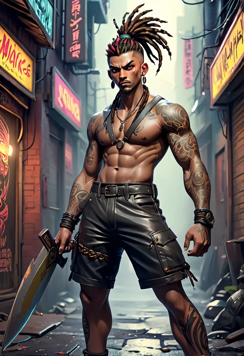 An imposing, heavily muscled thug lurk in a dimly lit alley, shrouded in the shadows of a cyberpunk apocalypse. His bare, tattooed torsos glisten with sweat, thick with hair and scars from past battles. Dressed in nothing but tight, worn leather shorts, he...