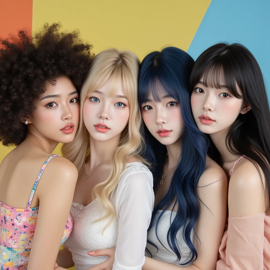 A K-pop girl group that consists of 1 African American black girl, 1 blonde blue eyed korean girl, 1 Filipino girl with curly dark blue hair and one Chinese girl with long black hair and bangs, concept photos K-pop music video for a group named SUGARXSPICE...