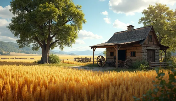 A movie set with a wheat plantation, a stone hut with surrounding trees, and an old Middle Ages-like wagon with no people 