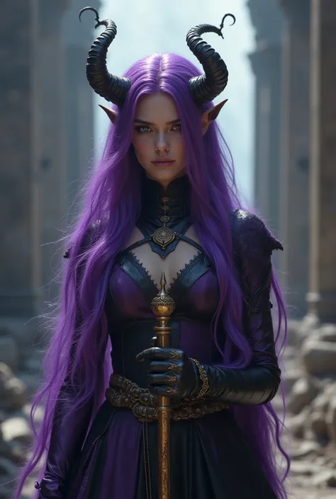 digital photography image of female demon with long stright purple hair and little golden horns.She wears blackish purple dragged royal ropes,holding royal spcetre,standing infront of ruins of imperial gates.shadows,cinematic.

