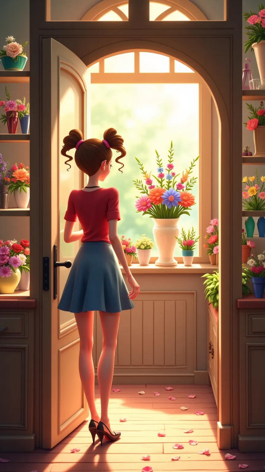 "A first-person view of Lily Bloom opening the doors of her flower shop. The observer sees his own hands turning the key in the lock and push Walking the glass door, listening to the small bell ring. The soft smell of fresh flowers fills the air. Sun rays ...