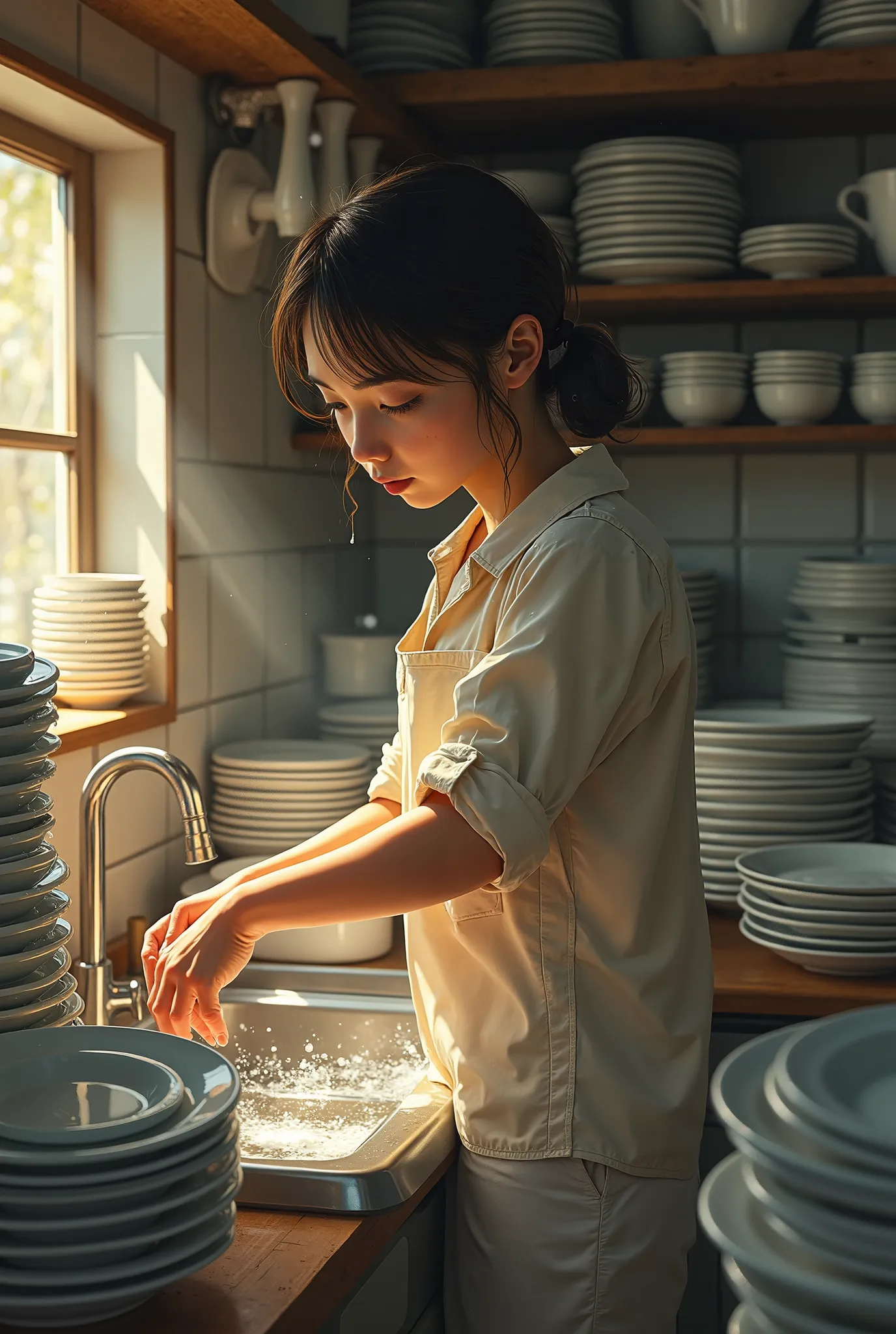 A girl washes more than 500 dishes 