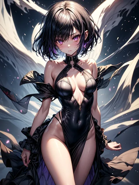 anime-style, dark and dreary background setting with realistic tone and sharp details, short height(140cm), young short age girl, wearing a transparent shawl and knee length sundress draping over her body, milky light caramel skin, short, ((Petite)) ravish...