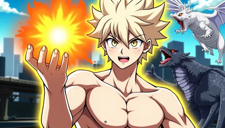 A muscular anime-style young man with spiky blond hair and golden eyes stands confidently, holding a glowing fireball in his extended hand. A small mole is visible near his left eye. His body emits a golden energy aura. The background features a futuristic...