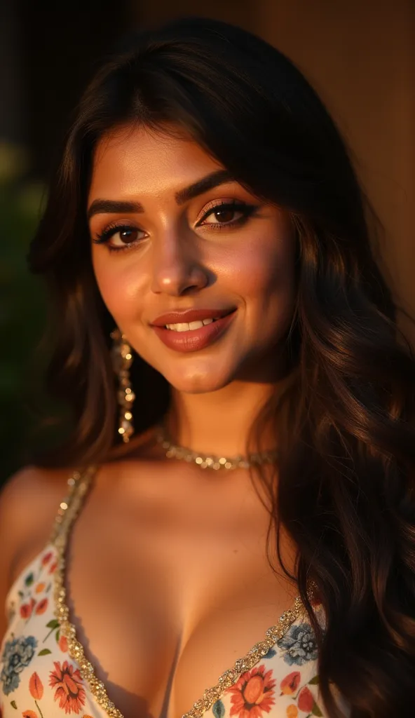 Blurry pic, ((((thick girl,))) busty, indian girl, ((strapless, front open, loose sheet dress, boho printed)), steamy atmosphere, shot on low quality phone  camera, 4k, highly detailed ,detailed_eye, face, detailed eyes,shiny skin,