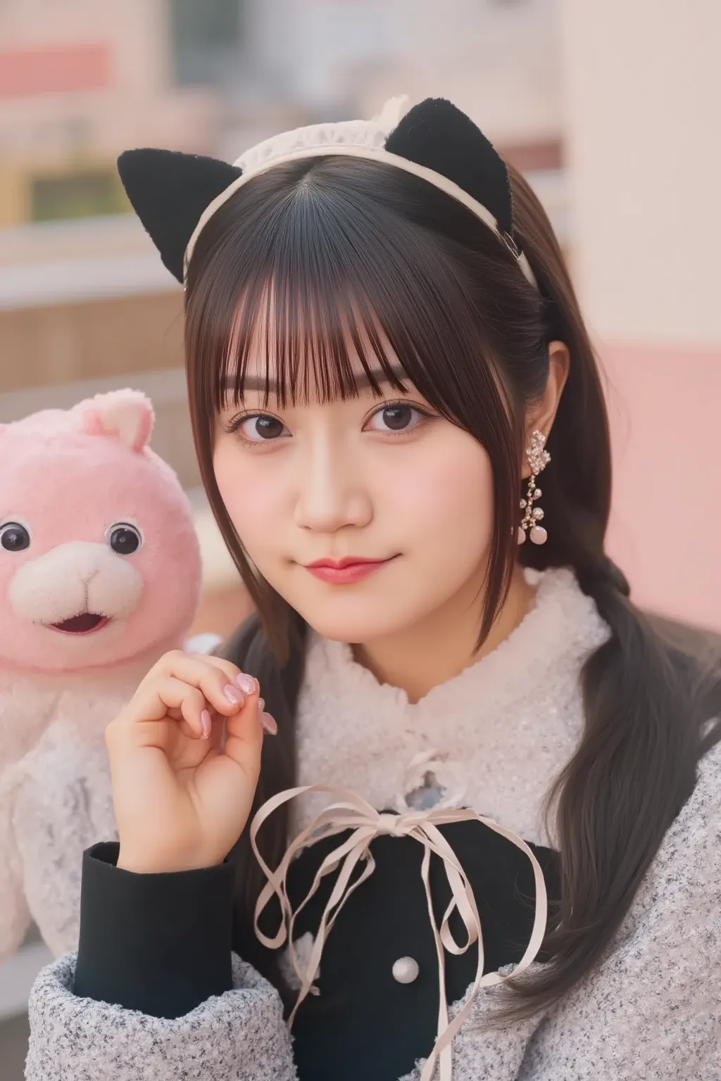 ((masterpiece, best quality, Highest quality, Hi-Res, Genuine, RAW photo, 8k)), Yuuka Kageyama, japanese actress, 20 years old, one girl, 1,Shot with an SLR camera. close-up of a young woman dressed in maid-style clothes with black cat ears and small pink ...