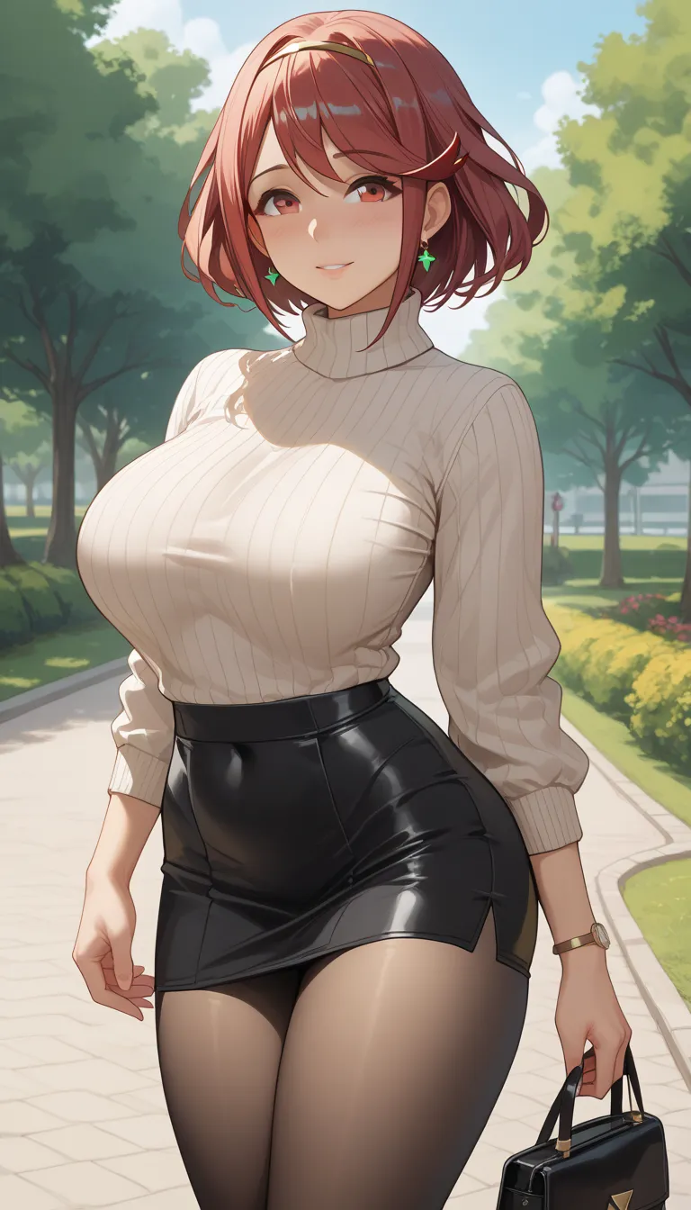  score_9,  score_8_up,  score_7_up,  source_ anime、Highest quality、8k、 masterpiece、super high definition、natural light、perfect anatomy、one woman、saggy breasts、glamorous physique、Pyra 、 cute face、(tight long sleeve rib knit sweater、 high neck)、Micro Skirt、p...