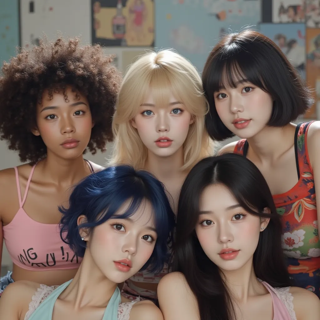 A K-pop girl group that consists of 1 African American black girl, 1 blonde blue eyed korean girl, 1 Filipino girl with curly dark blue hair and one Chinese girl with long black hair and bangs, concept photos K-pop music video for a group named SUGARXSPICE...