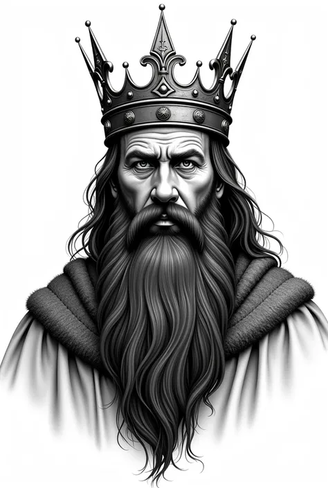 a black and white drawing of a bearded man with a crown, medieval old king, portrait of medieval old king, portrait of a medieval old king, man with a crown, great king of stovokor, emblem of wisdom, portrait of a king, viking king, long black beard, black...