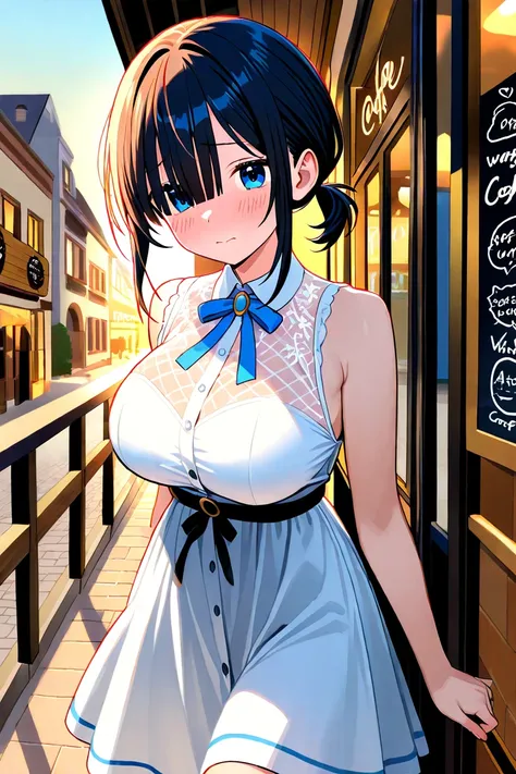 girl with black hair short ponytail、cute、 long bangs、 blue eyes、 slim、 shy girl 、big breasts、 White Sleeveless Dress、A romantic scene of girls waiting for a date in front of a cozy cafe。 A wooden sign with a brick exterior、Warm lighting、A cafe with attract...