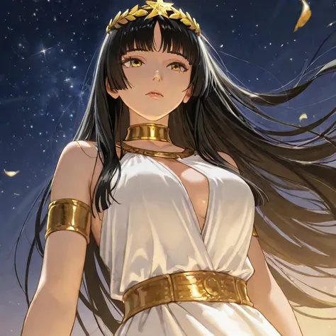 1 woman, long straight black hair with bangs (hime cut), Golden eyes, long white dress from ancient Greece, gold leaf tiara, gold bracelets, glossy lips, gold choker, adult woman, mature body and face, camera view is from below, hair flying in the wind, ba...