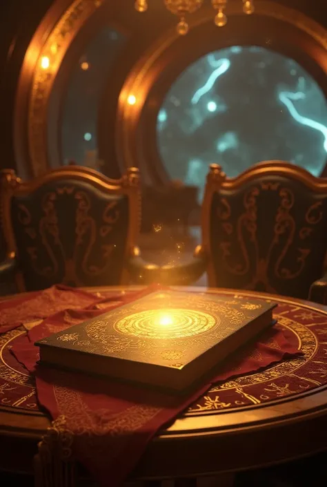 A grimoire thats glowing gold on a table where an important meeting is being held in a luxurious spaceship between a reptilian, a Pleiadean, A BLack man and woman, A white man and woman, AN asian man and woman, A native american man and woman, a Mexican ma...