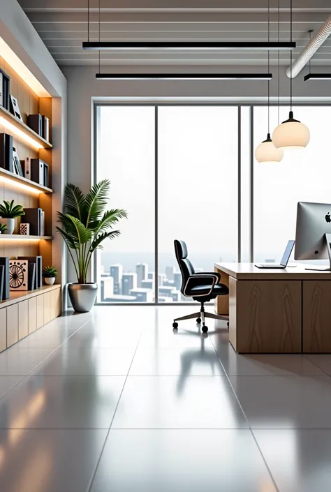 Modern office，Glass room, ad agency, creative agency, office，desks，a chair , show room scene, no people, horizontal widescreen view 1920 x 1080 pixels, one mac computer only, bookshelve, paintings