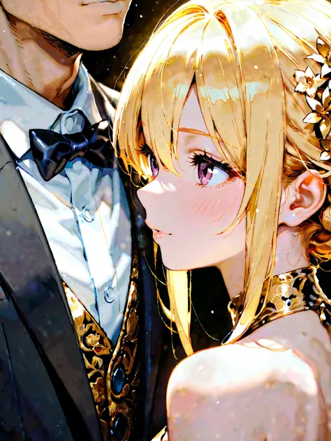 1boy, 1girl, blond hair, long blonde hair, hair inbetween eyes, cute, brown eyes, purple eyes, welcome to Enigma, formal attire, black and gold dress, black suit High Resolution, Masterpiece, Accurate, Anatomically Correct, Award Winning, Best Quality, Det...